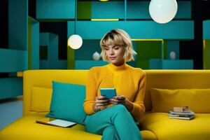 Woman looking at a mobile phone on sofa in living room, in the style of yellow and aquamarine photo