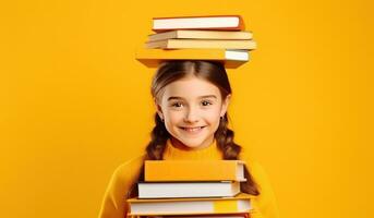 joven niña con apilar de libros foto