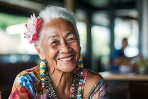 A smiling senior woman is sitting at a cafe photo