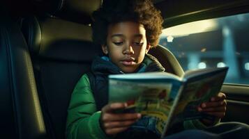 Little boy reading a magazine in a car photo