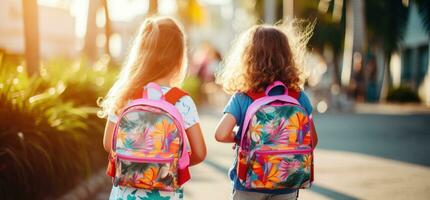 niños participación mochilas en pie en frente de un calle foto