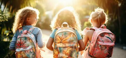 Kids holding backpacks standing in front of a street photo