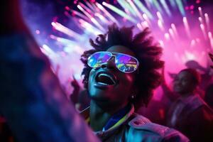A happy man in a black leather jacket wearing vr glasses and dances with confetti at a party photo