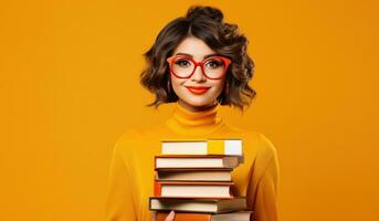 joven niña con apilar de libros foto