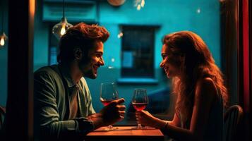 Couple sitting at the bar sharing wine glasses photo