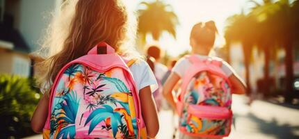 niños participación mochilas en pie en frente de un calle foto