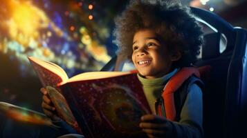 Little boy reading a magazine in a car photo