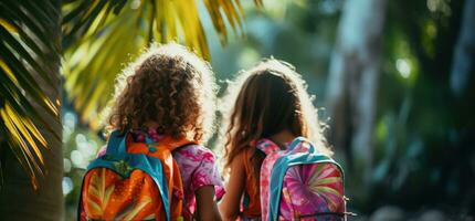 niños participación mochilas en pie en frente de un calle foto