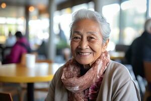 Smiling senior woman in a restaurant photo