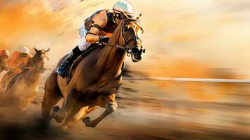 un jockey y caballo carreras en movimiento foto