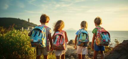 niños participación mochilas en pie en frente de un calle foto