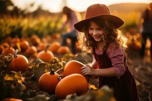 Families get fun by picking pumpkins at the pumpkin patch photo