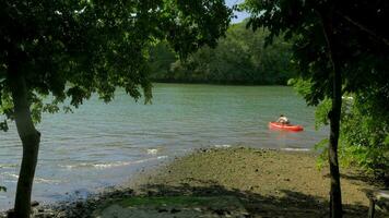 River view with man in canoe and motor boats video