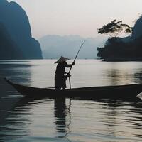 Silhouette of traditional fishing method using a bamboo square dip net in Patthalung, South of Thailand. taken in the morning. AI Generative photo