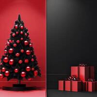 Christmas tree with gift box and ornaments in red or black composition for modern stage display and minimalist mockup. AI Generative photo