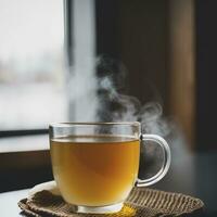 Hot tea with lemon and scarf. Winter time. Selective focus. AI Generative photo