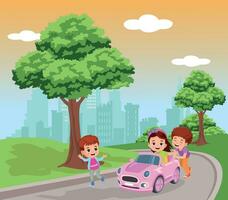 Cute girl driving a toy electric car vector cartoon illustration isolated on white background