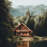 Wood cabin on the lake - log cabin surrounded by trees, mountains, and water in natural landscapes. AI Generative photo