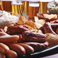 Assortment of beer snacks close up on counter. AI Generative photo