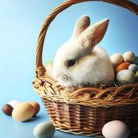 wicker basket with a rabbit and full of easter eggs on blue background. AI Generative photo