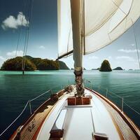 white sailboat sailing around some paradisiacal islands. View from the deck to the bow, mast, sails. AI Generative photo