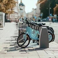 bicicleta alquiler en el principal calle de el ciudad. bicicleta compartiendo sistema. ai generativo foto