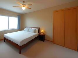 Interior of modern bedroom with wooden wall photo