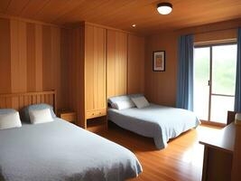 Interior of modern bedroom with wooden wall photo