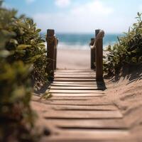 AI Generative a wooden walkway leading to the beach on a sunny day photo