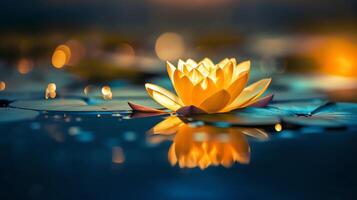 a yellow flower floating on top of a lake photo