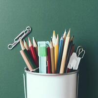 papelería lapices papel acortar bolígrafo borrador en un blanco balde. todavía vida en verde colegio tablero antecedentes. Copiar espacio plano laico parte superior ver concepto educación. ai generativo foto