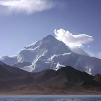 Looking up at Muztagh Tower, known as the father of glaciers, from Pamirs Karakul Lake. AI Generative photo
