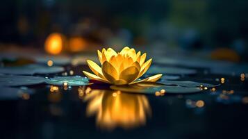 a yellow flower floating on top of a lake photo