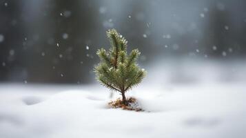 ai generativo pequeño Navidad árbol sentado en el nieve foto