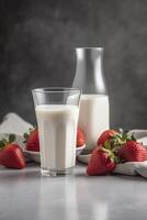 ai generativo vaso de Leche y fresas en un mesa foto