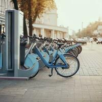 bicicleta alquiler en el principal calle de el ciudad. bicicleta compartiendo sistema. ai generativo foto