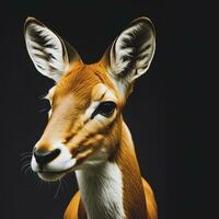 Portrait of an antelope on a black background with space for text. Wild artiodactyl animal. AI Generative photo