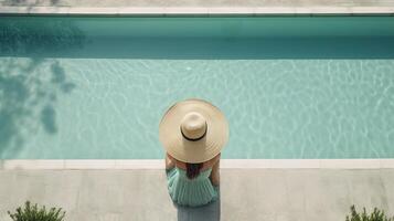 a person wearing a straw hat sitting next to a swimming pool photo