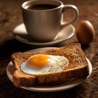grilled bread and tomato with an egg on a plate with coffee photo