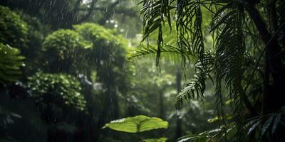 Rain falls in a rainforest with the rain drops. Generative AI photo