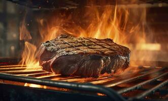 carne de vaca filete en el parrilla con fumar y llamas ai generativo foto