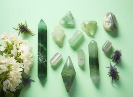 Crystal towers minerals set and white flowers on green abstract background. Generative AI photo