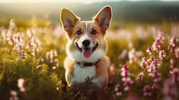 Charming corgi dog with flowers in the spring. Generative AI photo