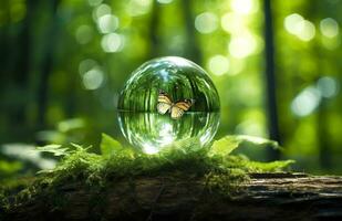 Butterfly and Crystal ball on a tree stump in the forest, natural green background. Generative AI photo