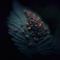 Small insect colony crawls on dark forest leaf. AI Generative photo