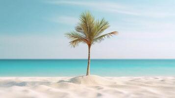 ai generativo blanco arena playa con un verde palma árbol foto