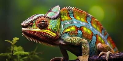 A colorful close up chameleon with a high crest on its head. Generative AI photo