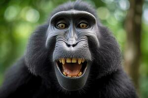 Celebes crested macaque with open mouth. Close up on the green natural background. Generative AI photo