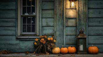 a front porch with pumpkins and a lantern AI Generative photo