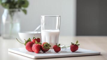 glass of milk and strawberries on a table photo